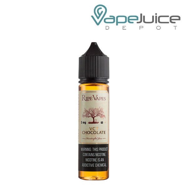 A 60ml bottle of VCT Chocolate Ripe Vapes eLiquid with a warning sign - Vape Juice Depot
