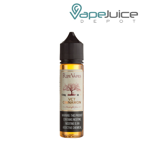 A 60ml bottle of VCT Cinnamon Ripe Vapes eLiquid with a warning sign - Vape Juice Depot