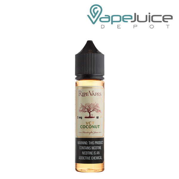 A 60ml bottle of Ripe Vapes VCT Coconut eLiquid with a warning sign - Vape Juice Depot