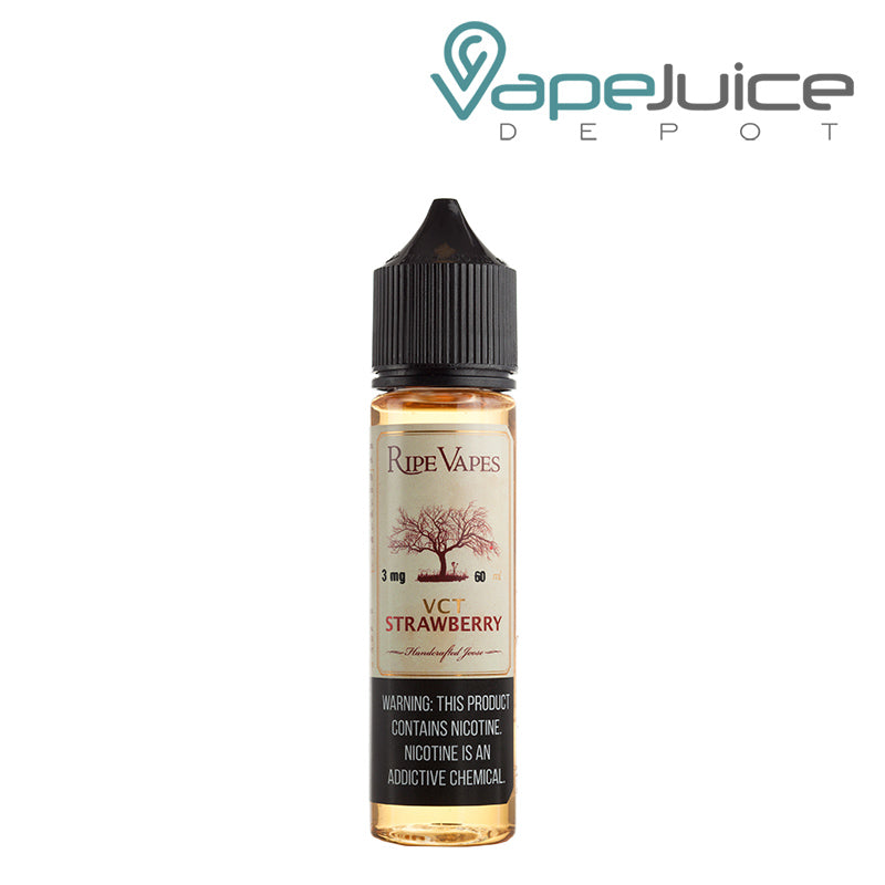 A 60ml bottle of VCT Strawberry Ripe Vapes eLiquid with a warning sign - Vape Juice Depot