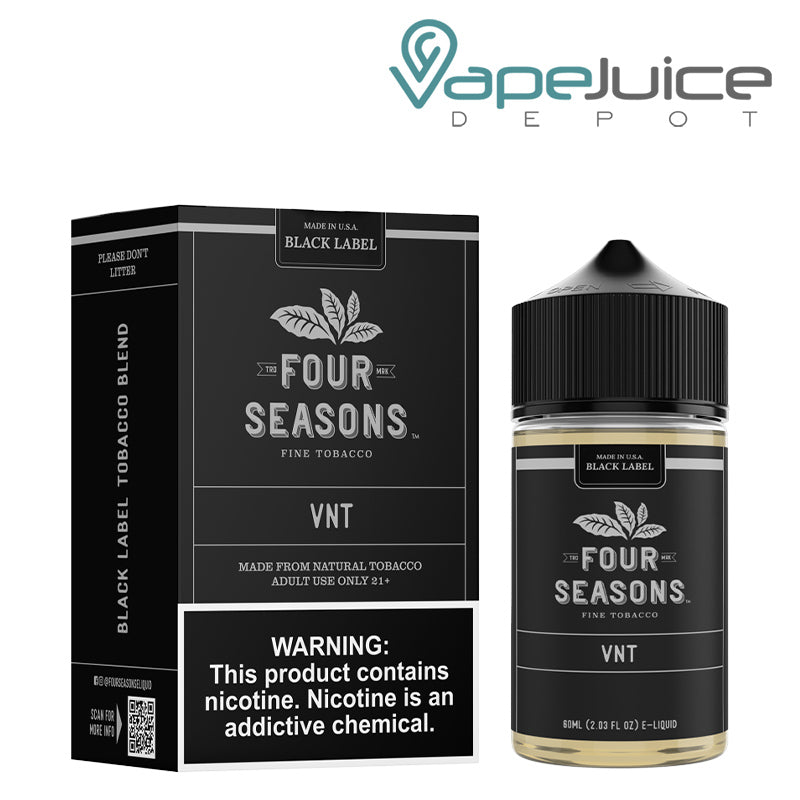 A Box of VNT Four Seasons with a warning sign and a 60ml bottle next to it - Vape Juice Depot