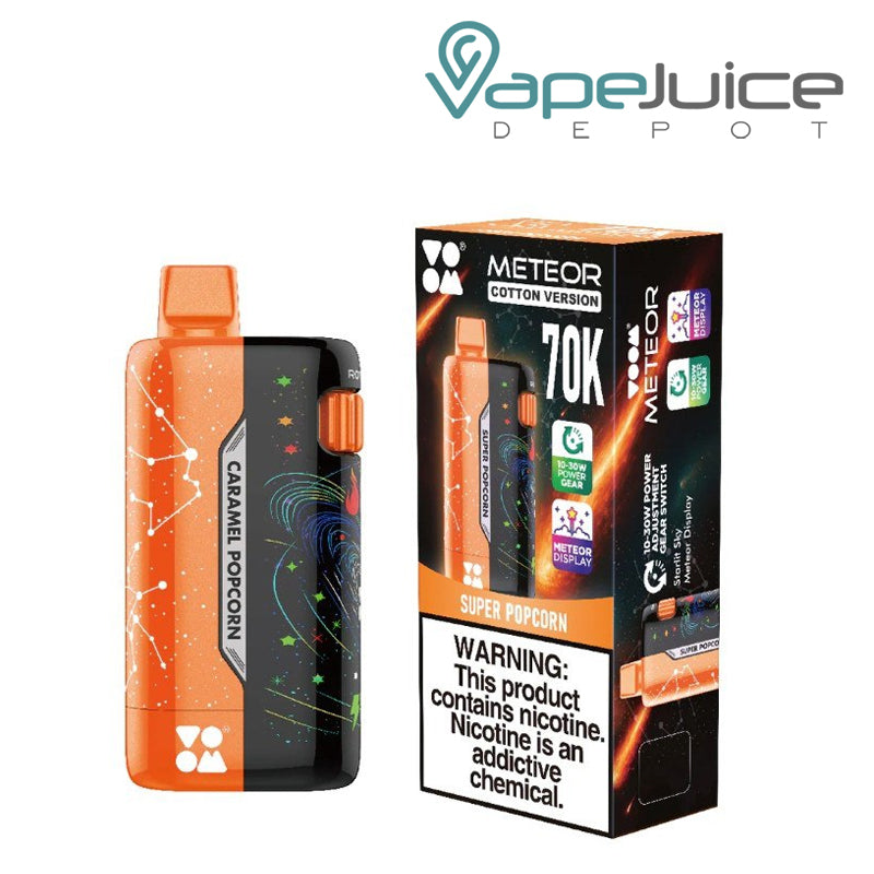 A Super Popcorn VOOM Meteor 70K Disposable with LCD Screen and a box with a warning sign next to it - Vape Juice Depot