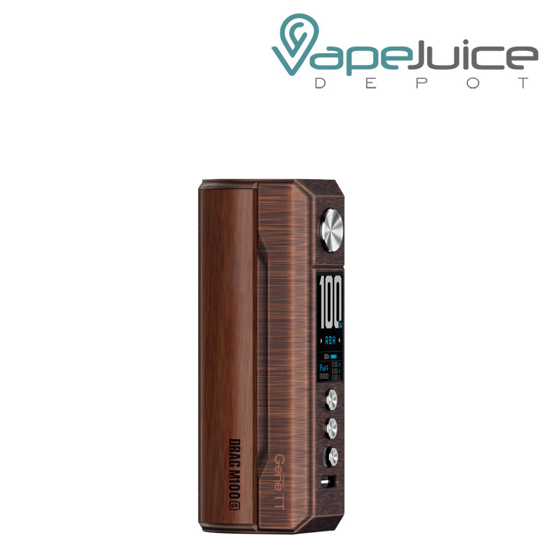 Antique Brass Padauk VooPoo DRAG M100S Box Mod with display screen and adjustment buttons - Vape Juice Depot