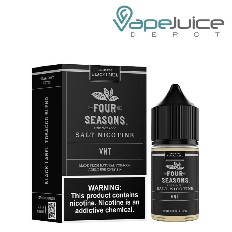 A Box of VTN Salt Four Seasons with a warning sign and a 30ml bottle next to it - Vape Juice Depot