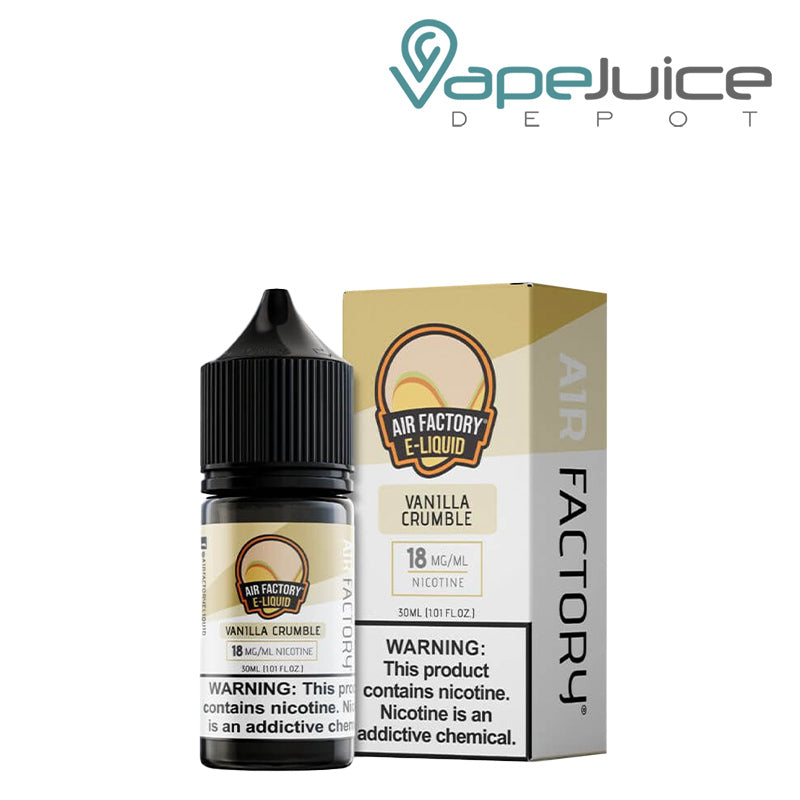 A 30ml bottle of Vanilla Crumble Air Factory eLiquid and a box with a warning sign next to it - Vape Juice Depot