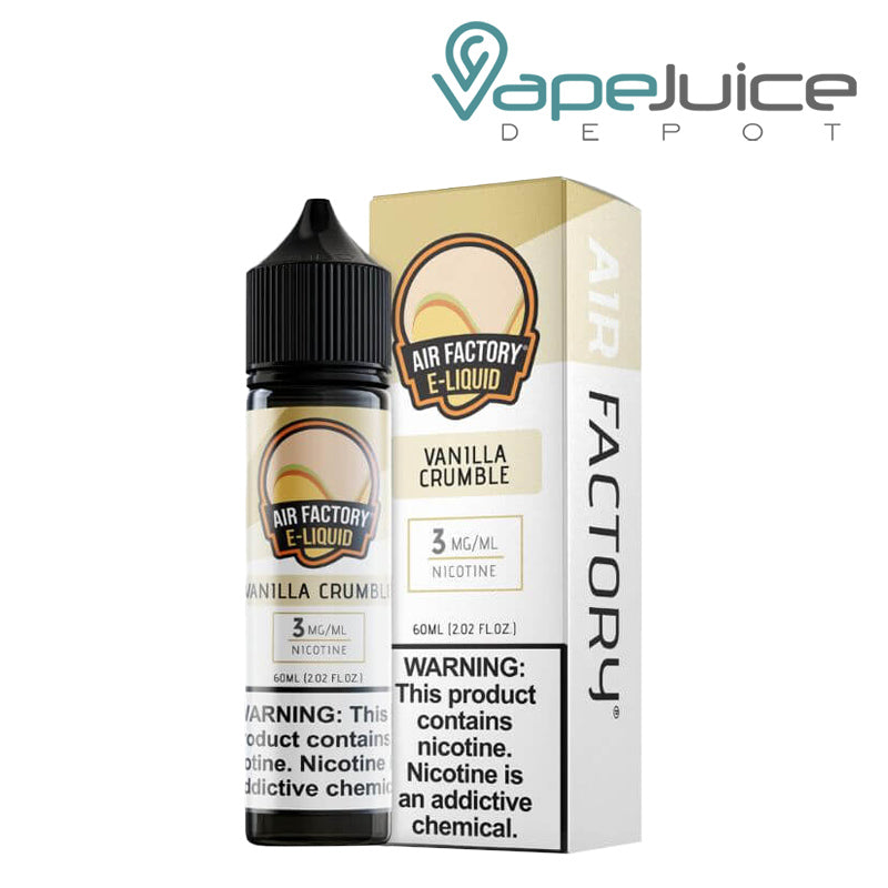 A 60ml bottle of Vanilla Crumble Air Factory eLiquid and a box with a warning sign next to it - Vape Juice Depot
