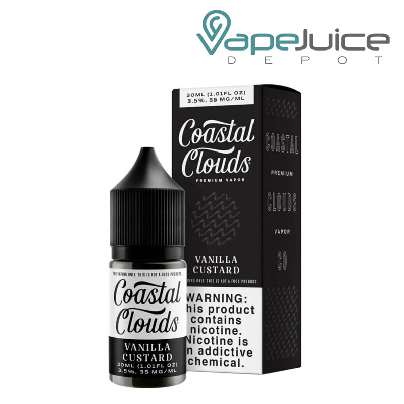 A 30ml bottle of Vanilla Custard Coastal Salts and a box with a warning sign next to it - Vape Juice Depot