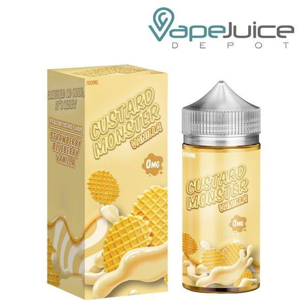 A box of Vanilla Custard Monster eLiquid with a warning sign and a 100ml bottle next to it - Vape Juice Depot