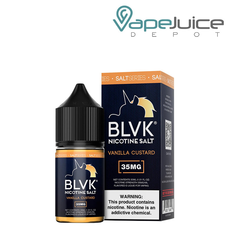 A 30ml bottle of Vanilla Custard Salt BLVK Unicorn and a box with a warning sign next to it - Vape Juice Depot