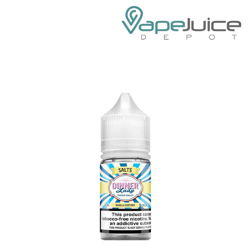 A 30ml bottle of Vanilla Custard TFN Salt Dinner Lady 50mg with a warning sign - Vape Juice Depot