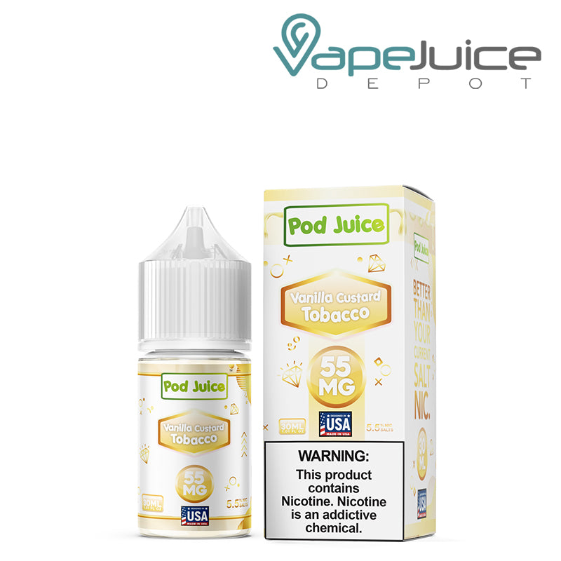 A 30ml bottle of Vanilla Custard Tobacco Pod Juice TFN Salt and a box with a warning sign next to it - Vape Juice Depot