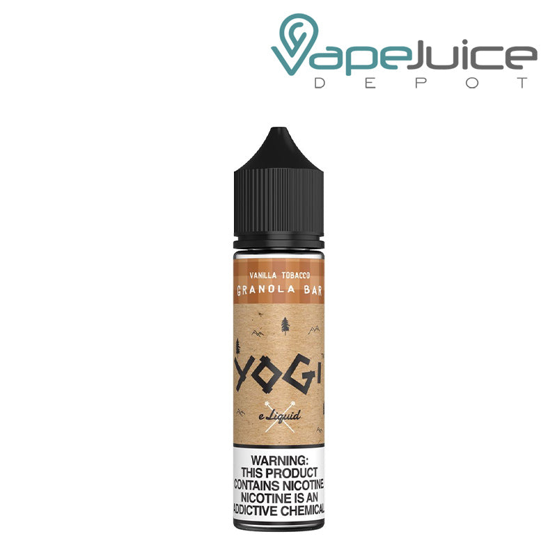 A bottle of Vanilla Tobacco Granola Bar YOGI eLiquid 60ml with a warning sign - Vape Juice Depot