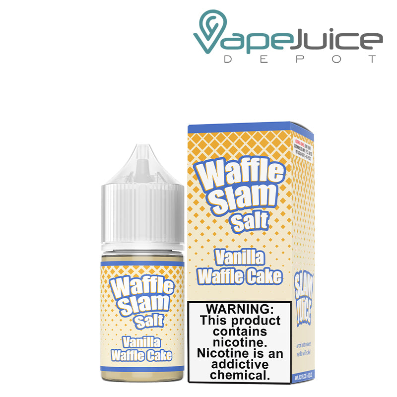A bottle of Vanilla Waffle Cake Waffle Slam Salt 30ml and a box with a warning sign next to it - Vape Juice Depot