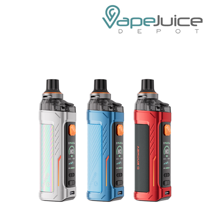 Three Colors of Vaporesso Armour G Kit with firing button and display screen - Vape Juice Depot