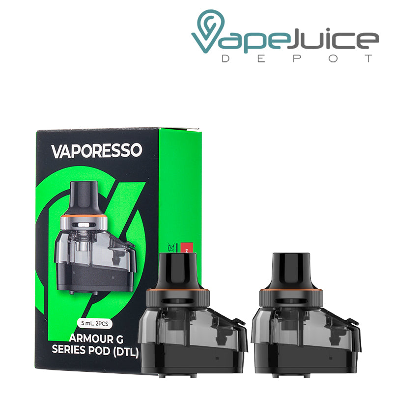 A Box of DTL Vaporesso Armour G Replacement Pods and two pods next to it - Vape Juice Depot