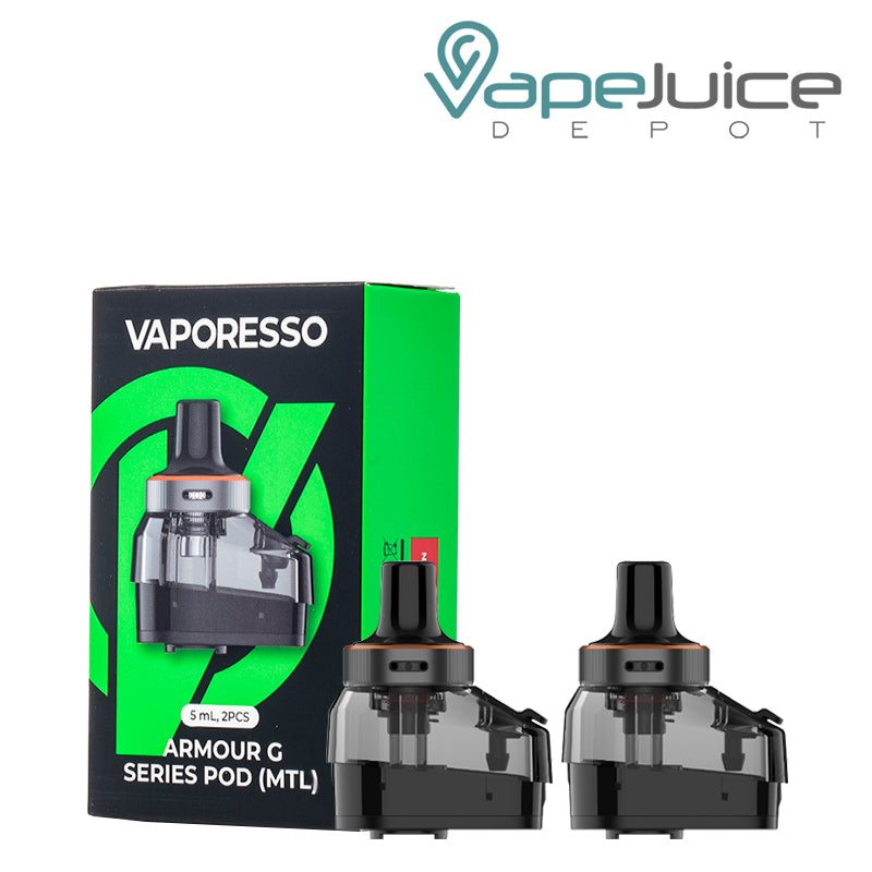 A Box of MTL Vaporesso Armour G Replacement Pods and two pods next to it - Vape Juice Depot