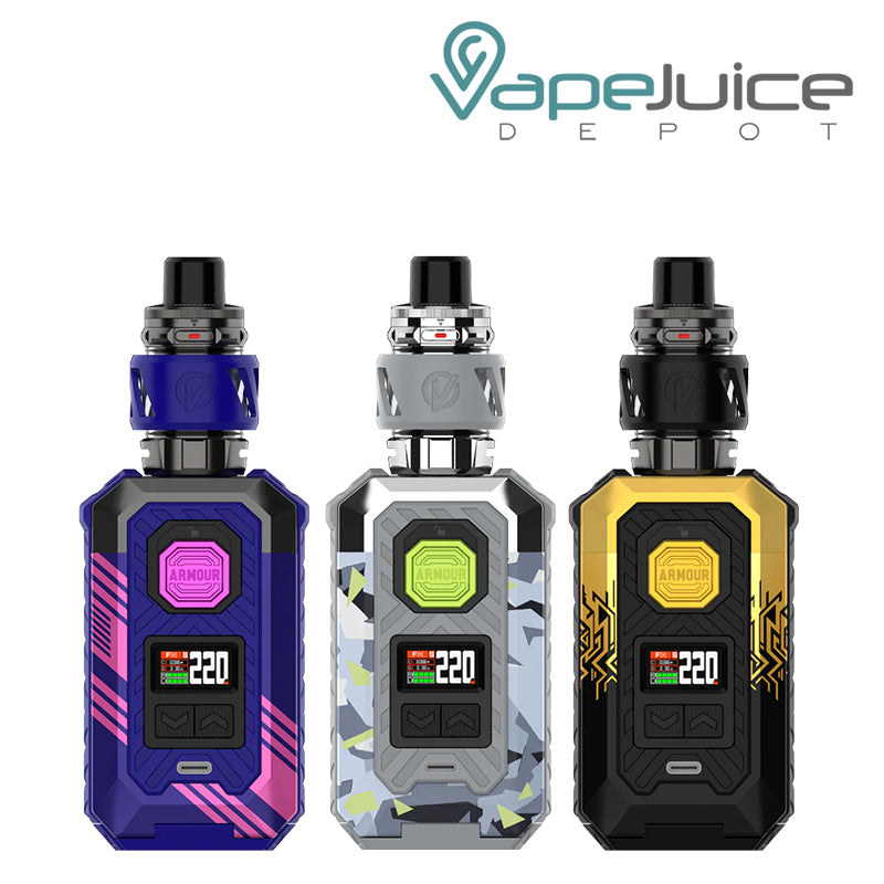 Three Colors of Vaporesso Armour MAX Kit with display screen and adjustment buttons - Vape Juice Depot