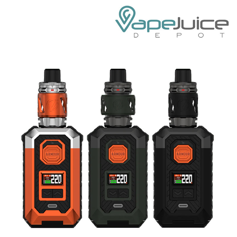 Three Colors of Vaporesso Armour MAX Kit with display screen and adjustment buttons - Vape Juice Depot