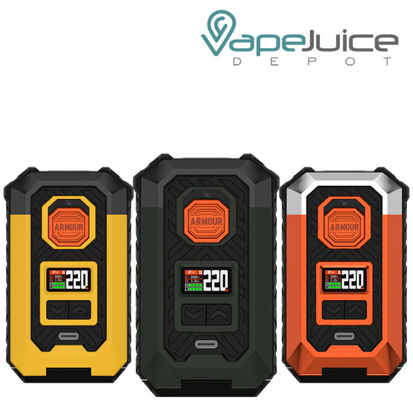 Three Colors of Vaporesso Armour MAX Mod with display screen and two adjustment buttons - Vape Juice Depot