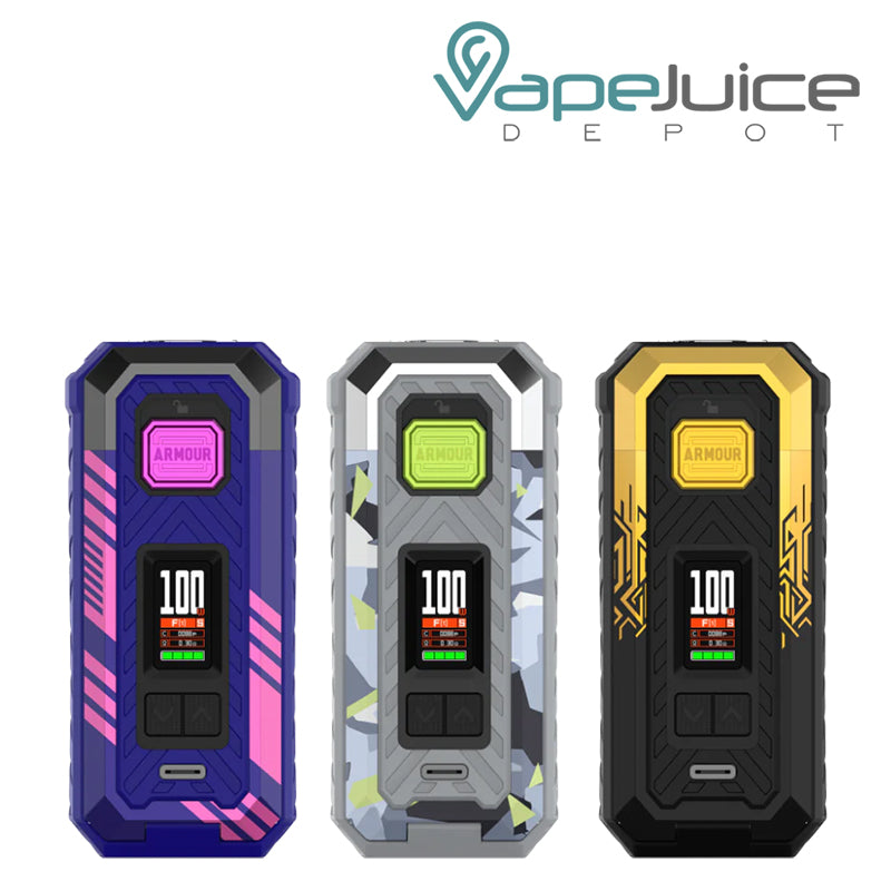 Three Colors of Vaporesso Armour MAX Mod with display screen and two adjustment buttons - Vape Juice Depot