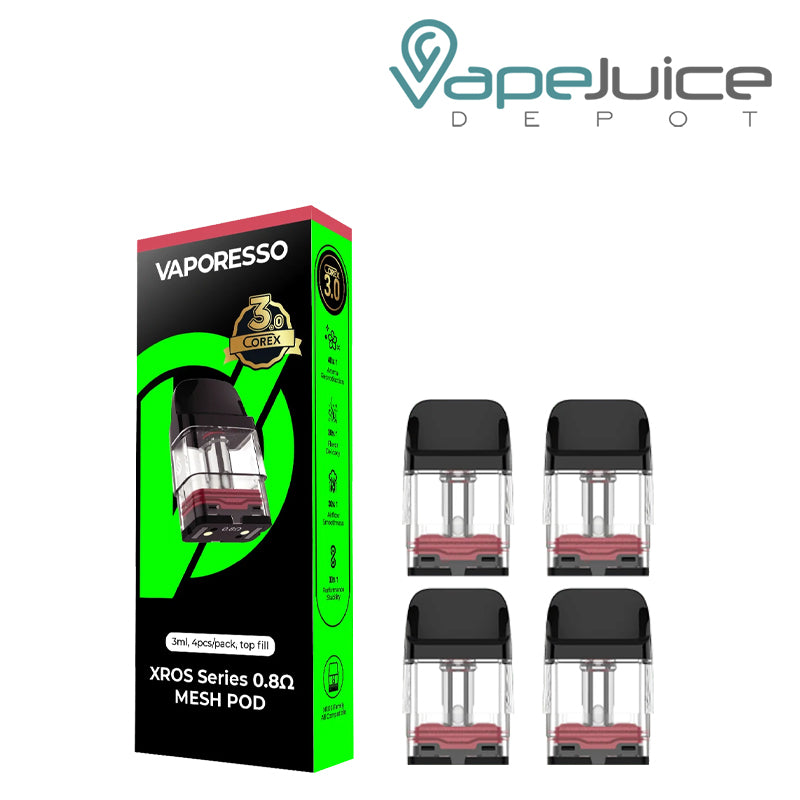 The box of Vaporesso XROS Series-Corex 0.8-3ml Replacement Pods next to four pods - Vape Juice Depot