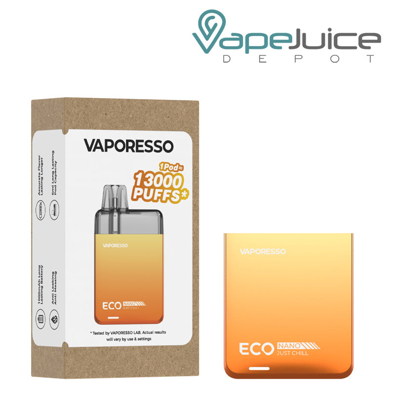 A box of Sunset Gold Vaporesso ECO Nano Pod System Kit and a kit next to it - Vape Juice Depot