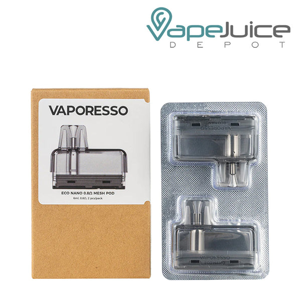 A box of Vaporesso ECO Nano Replacement Pods 0.8ohm and a two-pack next to it - Vape Juice Depot