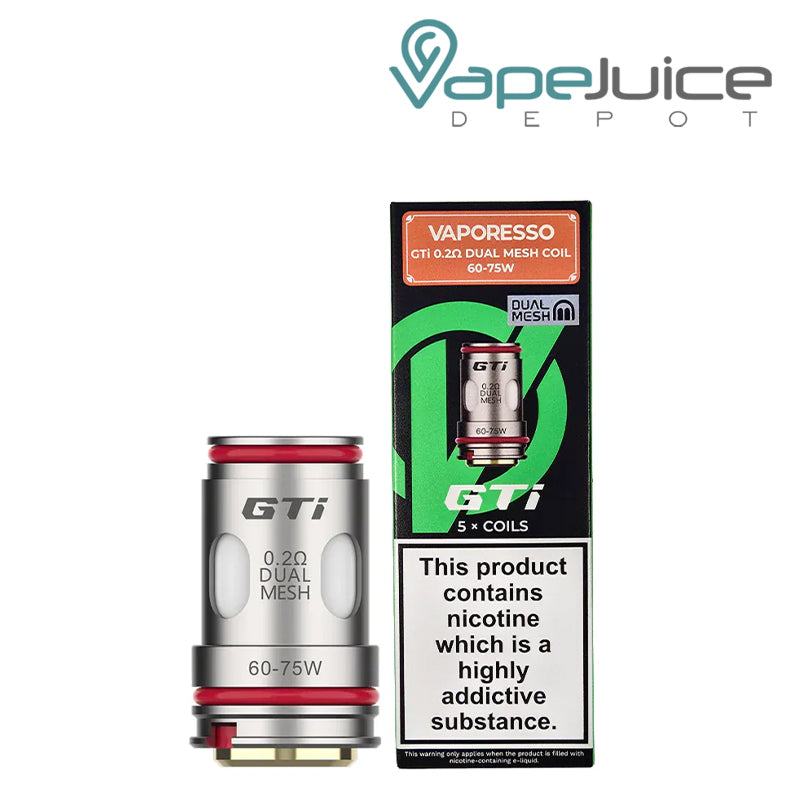 A Box of 0.2ohm Vaporesso GTi Replacement Coils dual mesh and a pack of coils next to it - Vape Juice Depot