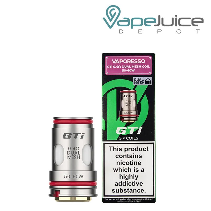 A Box of 0.4ohm Vaporesso GTi Replacement Coils dual mesh and a pack of coils next to it - Vape Juice Depot
