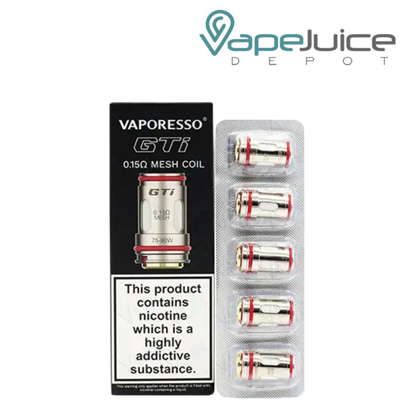 A Box of 0.15ohm Vaporesso GTi Replacement Coils and a pack of coils next to it - Vape Juice Depot
