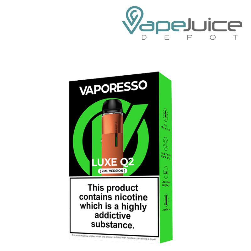 A box of Vaporesso LUXE Q2 Pod Kit with a warning sign - Vape Juice Depot