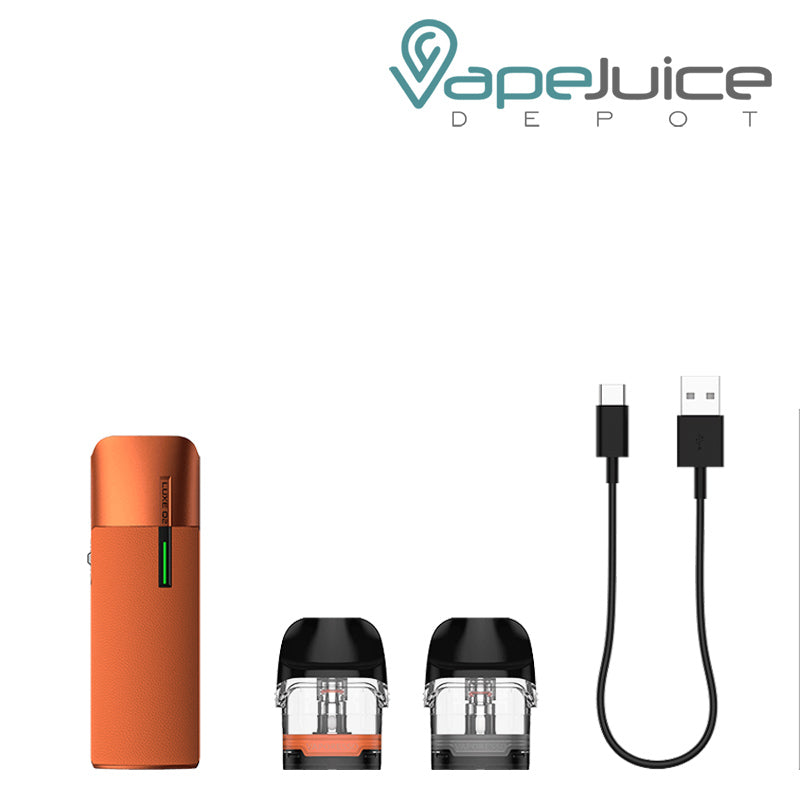 Vaporesso LUXE Q2 Pod Kit and two pods with a cable next to it - Vape Juice Depot