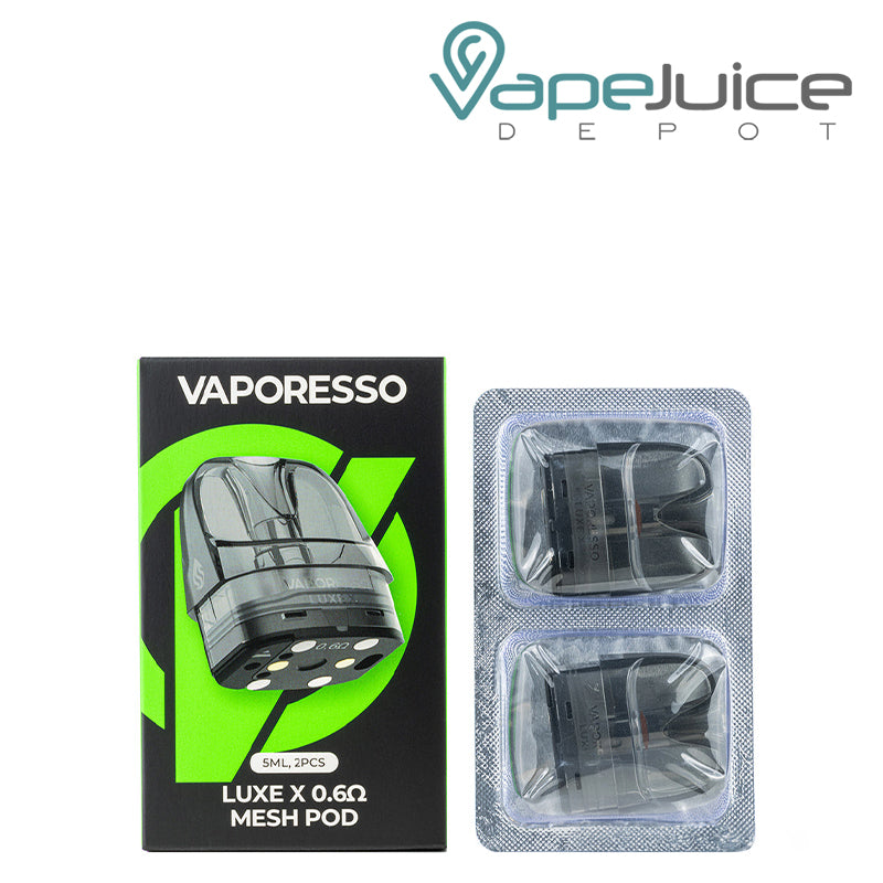 A Box of Vaporesso LUXE X Replacement Pods 0.6ohm and a pack of pods next to it - Vape Juice Depot