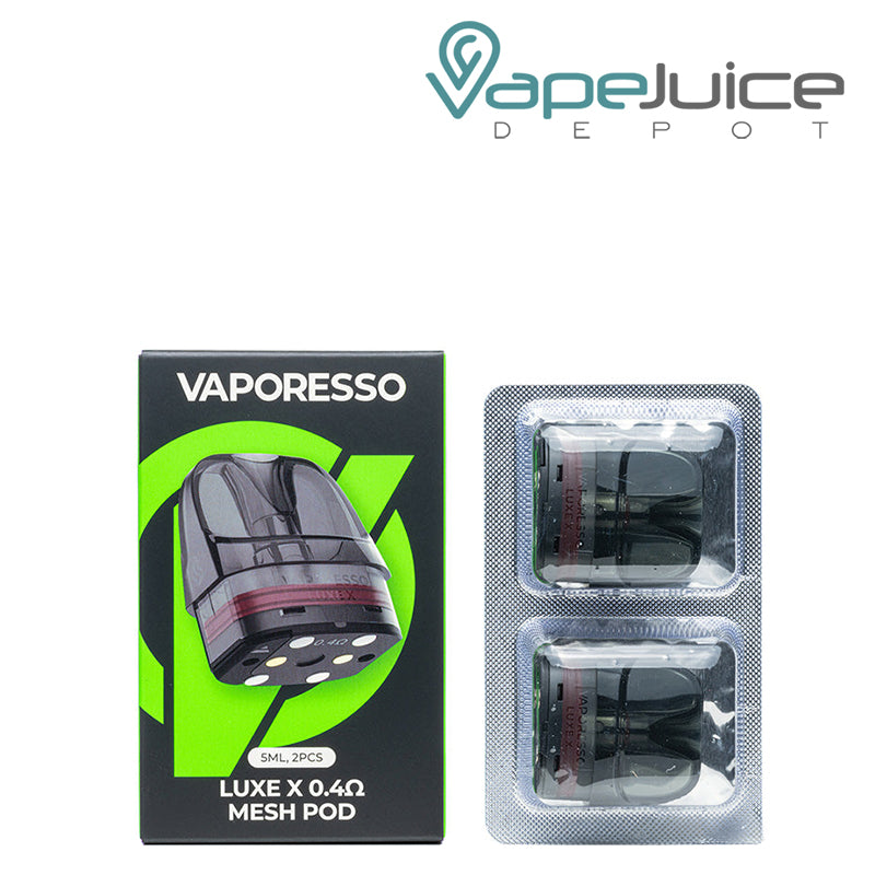 A Box of Vaporesso LUXE X Replacement Pods 0.4ohm and a pack of pods next to it - Vape Juice Depot