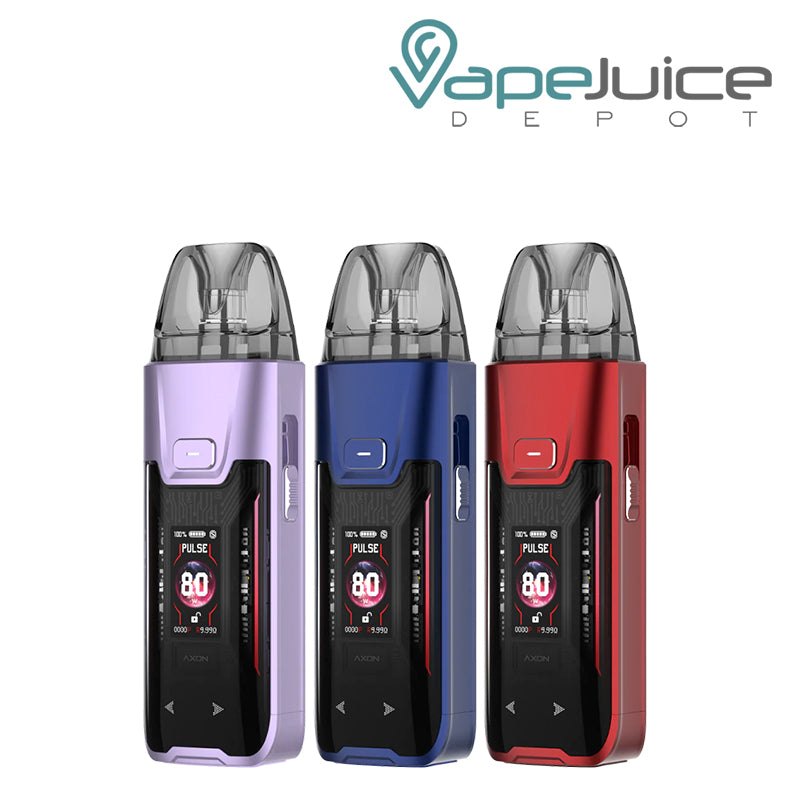 Three Colors of Vaporesso LUXE XR Max 2 Pod Mod Kit with display screen and firing button - Vape Juice Depot