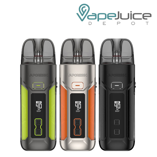 Three colors of Vaporesso LUXE X Pro Pod Kit with OLED screen - Vape Juice Depot