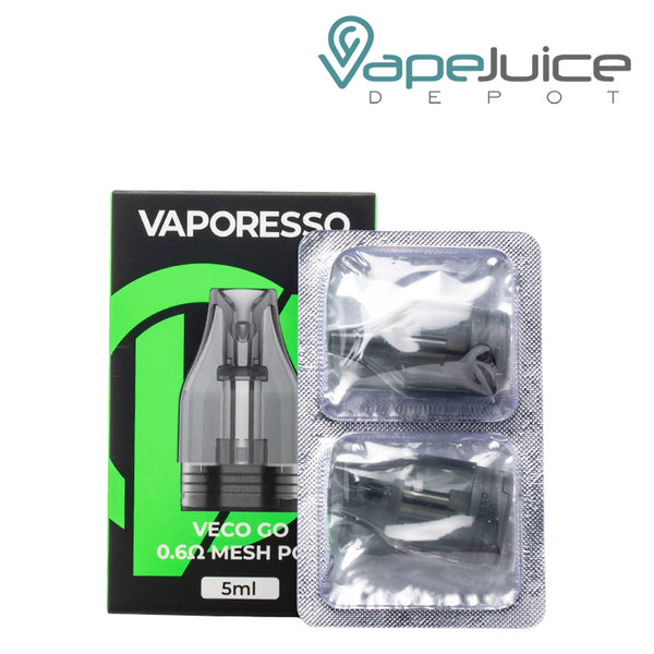 A box of Vaporesso Veco Go Replacement Pods and two pods next to it - Vape Juice Depot