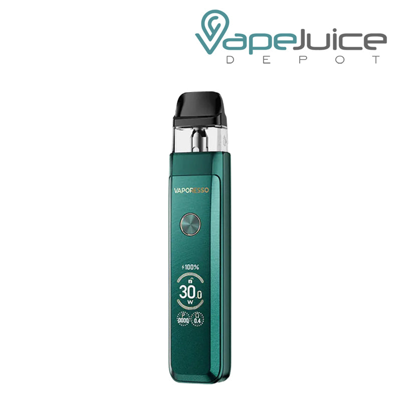 A Gem Green Vaporesso XROS Pro 2 Pod Kit featuring an OLED display screen, adjustable airflow slider, and front power button – Vape Juice Depot.