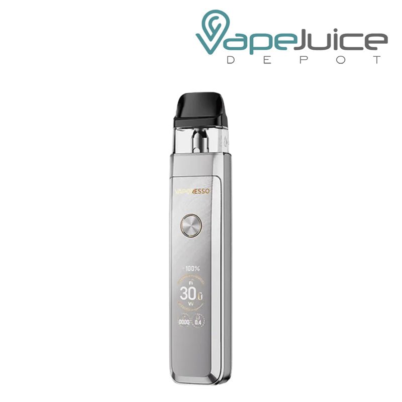 A Glittering Silver Vaporesso XROS Pro 2 Pod Kit featuring an OLED display screen, adjustable airflow slider, and front power button – Vape Juice Depot.