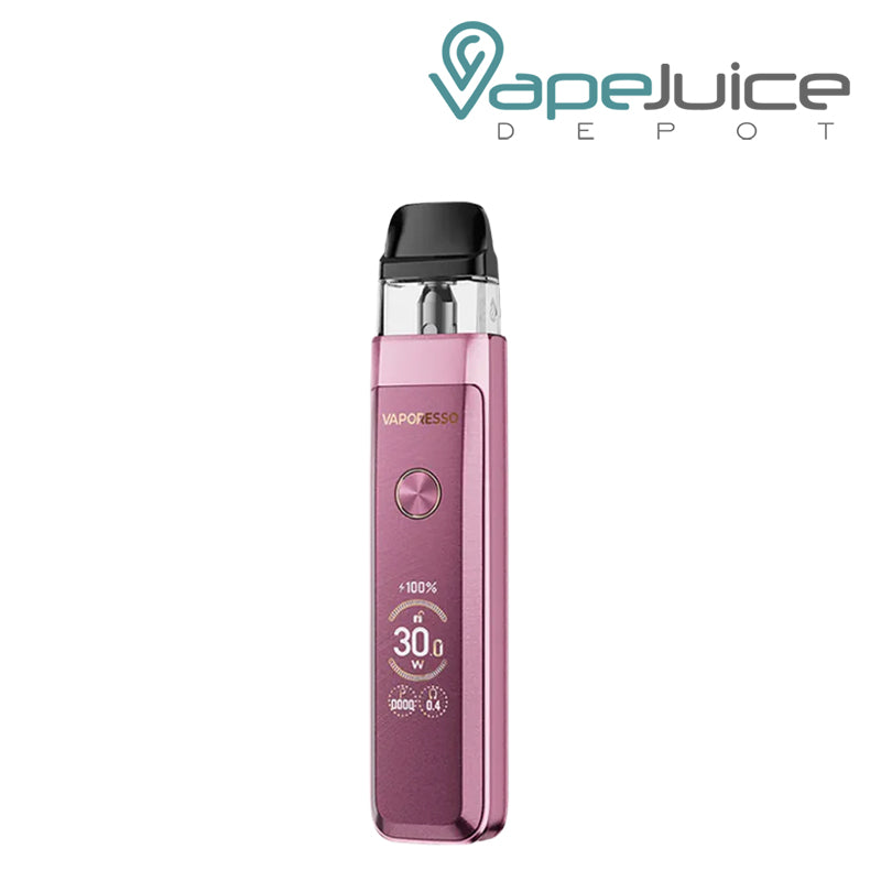 A Moonlight Pink Vaporesso XROS Pro 2 Pod Kit featuring an OLED display screen, adjustable airflow slider, and front power button – Vape Juice Depot.