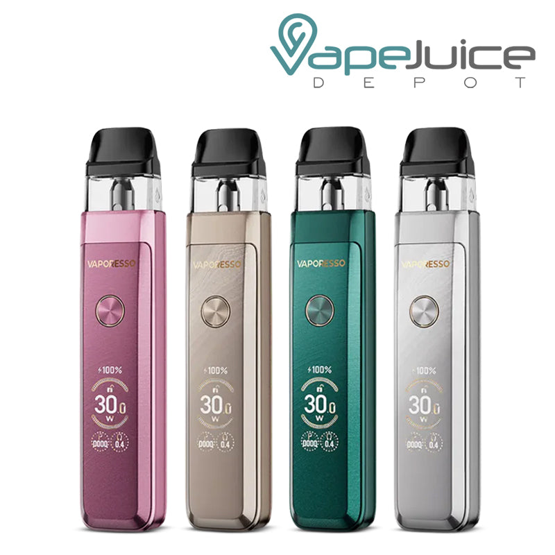 Four Vaporesso XROS Pro 2 Pod Kit devices in Moonlit Pink, Glittering Gold, Gem Green, and Glittering Silver featuring an adjustable airflow slider, OLED display screen, and front power button - Vape Juice Depot