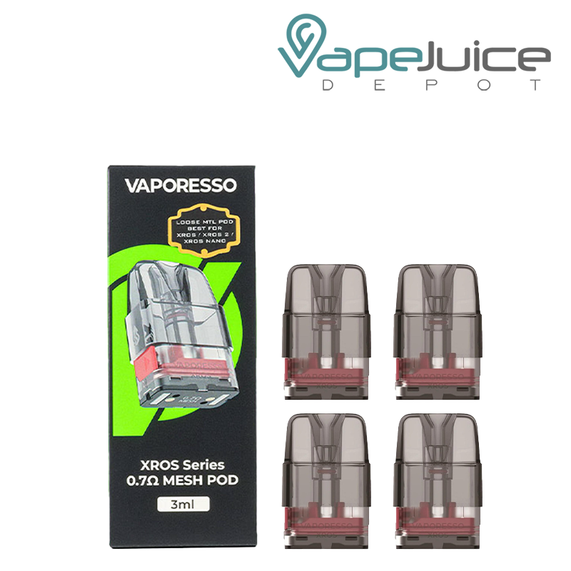 The box of Vaporesso XROS Series-Corex 0.7-3ml Replacement Pods next to four pods - Vape Juice Depot