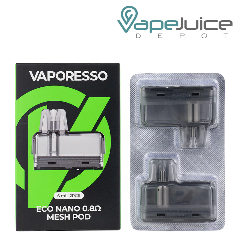A Box of Vaporesso ECO Nano Replacement Pods 0.8ohm and a pods next to it - Vape Juice Depot