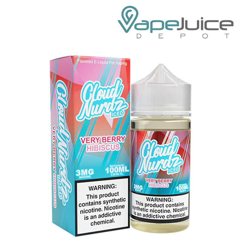 A box of Very Berry Hibiscus Iced TFN Cloud Nurdz with a warning sign and a 100ml bottle next to it - Vape Juice Depot