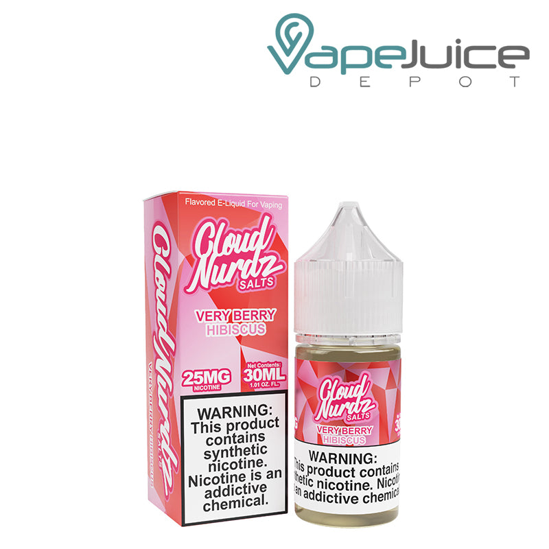 A box of Very Berry Hibiscus TFN Salts Cloud Nurdz with a warning sign and a 30ml bottle next to it - Vape Juice Depot