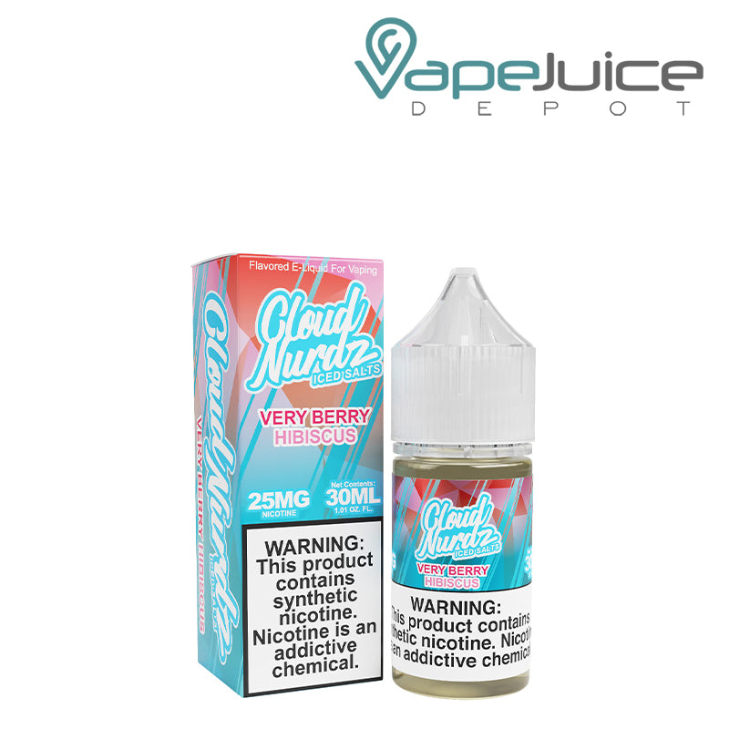 A box of Very Berry Hibiscus Iced TFN Salts Cloud Nurdz with a warning sign and a 30ml bottle next to it - Vape Juice Depot