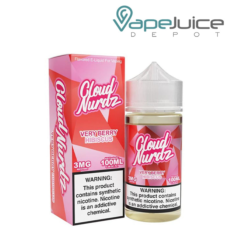 A box of Very Berry Hibiscus TFN Cloud Nurdz with a warning sign and a 100ml bottle next to it - Vape Juice Depot