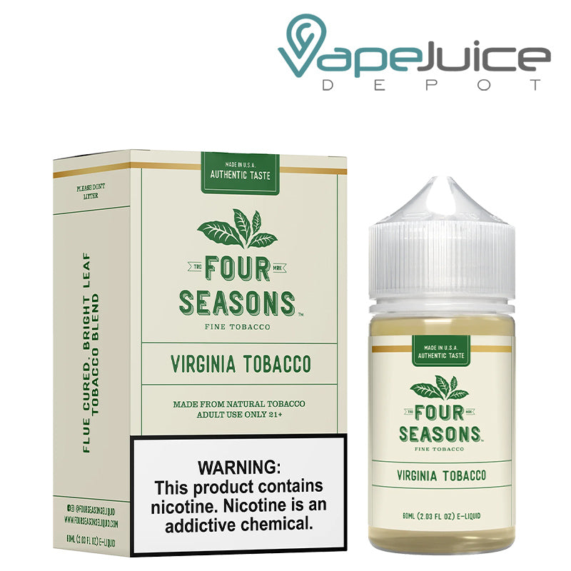 A box of Virginia Tobacco Four Seasons with a warning sign and a 60ml bottle next to it - Vape Juice Depot