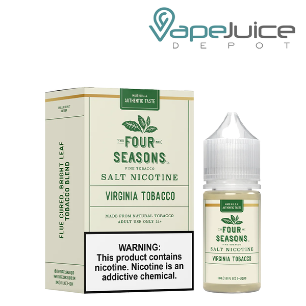 A box of Virginia Tobacco Salt Four Seasons with a warning sign and a 30ml bottle next to it - Vape Juice Depot