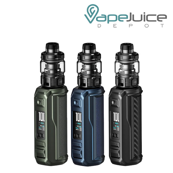 Three Colors of VooPoo ARGUS MT 100W Starter Kit with display screen and adjustment buttons - Vape Juice Depot